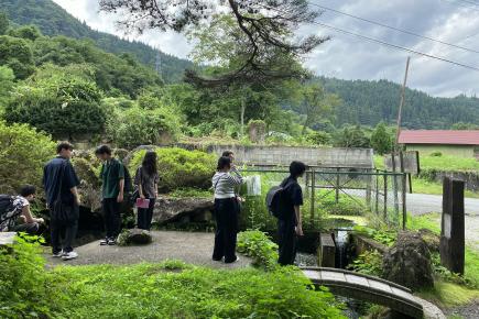 湧水の見学をする学生たち