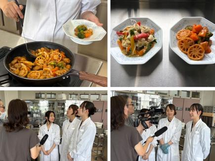 綺麗に盛り付けて試食、その後インタビューに答えました。