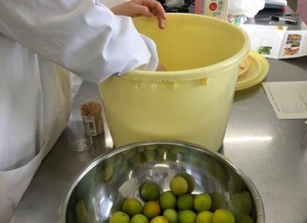 洗った梅を焼酎に潜らせ容器に並べます。