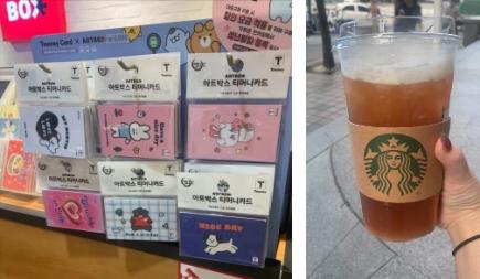 左:韓国の交通カード　右:スターバックスのトレンタサイズ